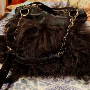 Aqua Madonna genuine leather and long goat fur purse
